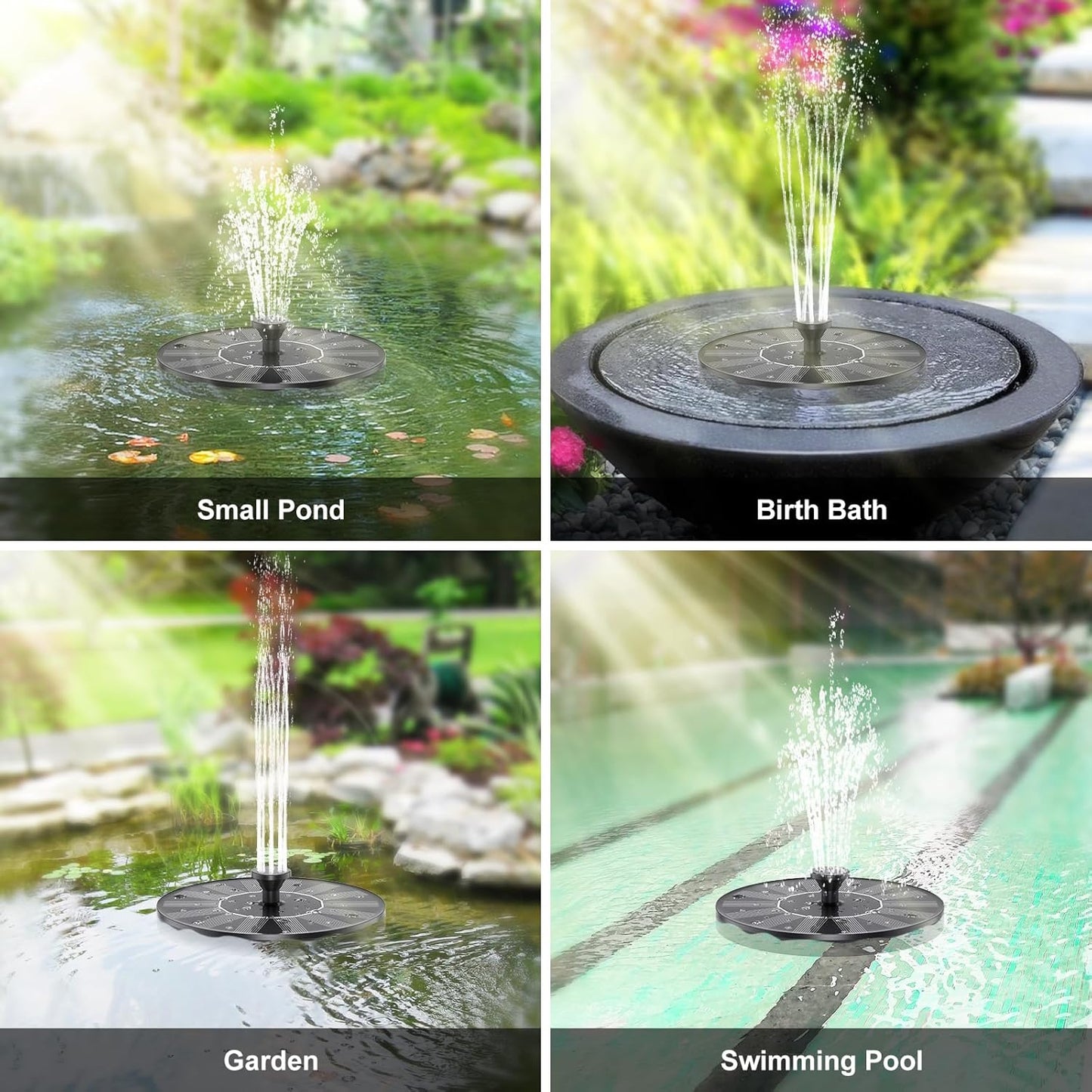Priksia Solar Water Fountain - Solar Powered Bird Bath Fountain with 6 Nozzles | Black, 1.4W for Garden & Pond