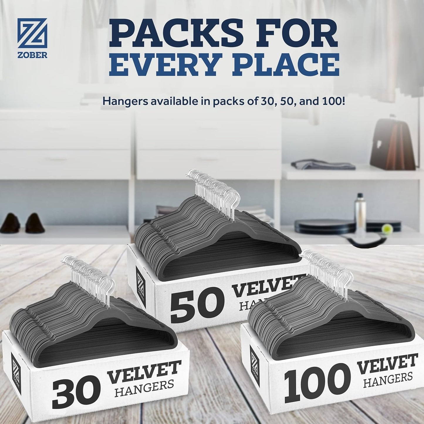 Zober Velvet Hangers 50 Pack | Heavy Duty Non-Slip Gray Hangers for Coats, Pants & Dresses