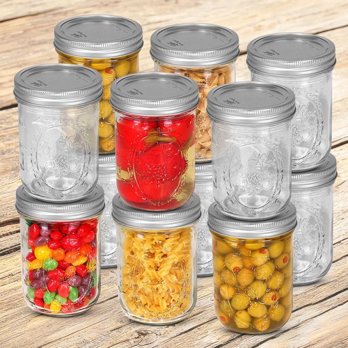 Ball Regular Mouth Mason Jars 8 oz. (12 Pack) - Half Pint Size Jars with Airtight Lids and Bands for Canning, Fermenting, Pickling, Meal Prep or DIY Decors and Projects Bundled with Peaknip Jar Opener