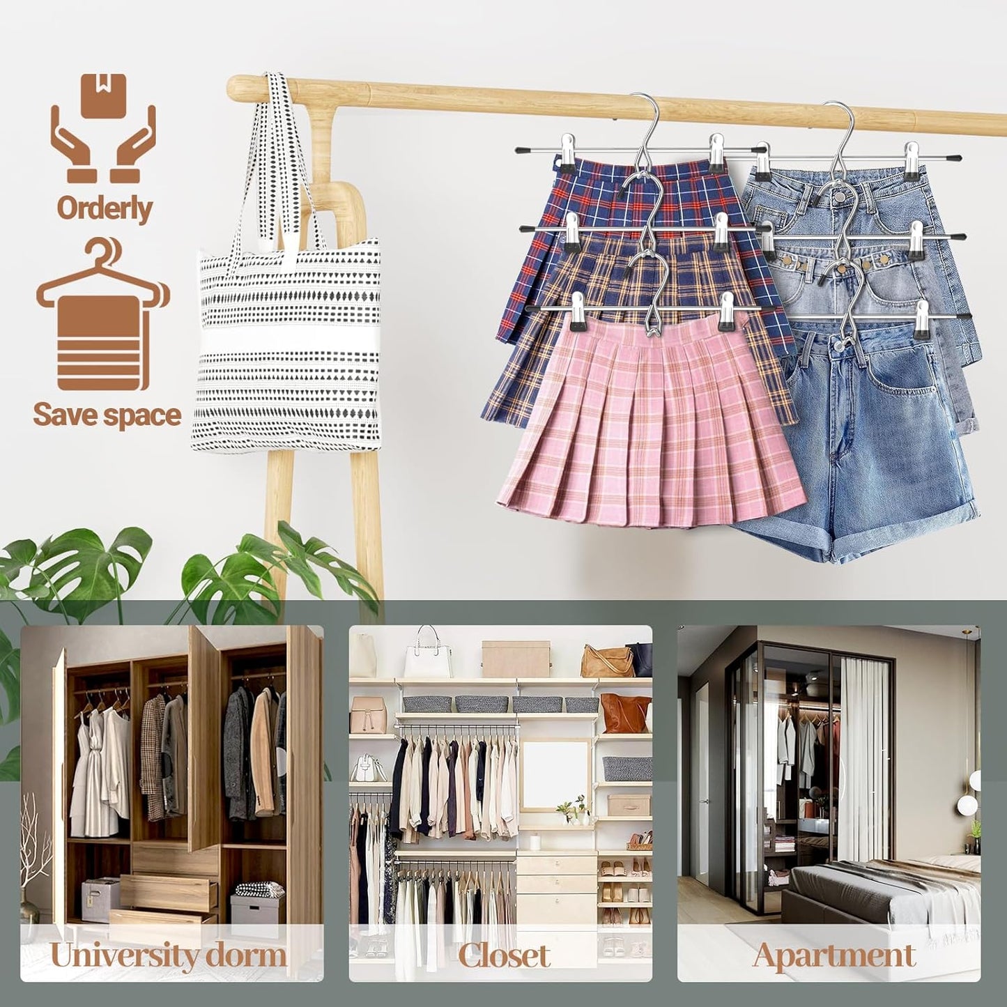 Skiennix Space-Saving Pants Hangers - Stackable Skirt Hangers with Clips | 8 Pack Closet Organizer