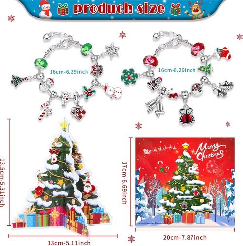 Advent Calendar 2025 | Kids' 24-Day Christmas Countdown with 22 DIY Charm Beads & 2 Bracelets - Red & Green