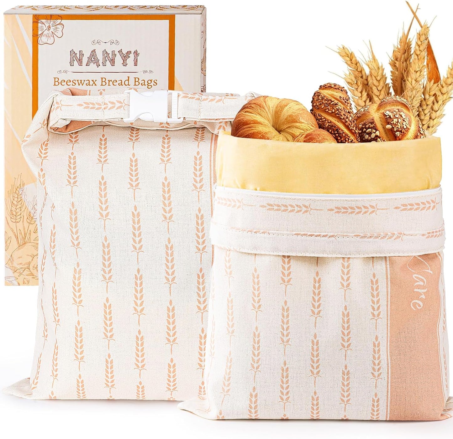 Skiennix Reusable Beeswax Bread Bags - Keep Sourdough & Homemade Bread Fresh Longer | 2-Pack (Amber Wheat)