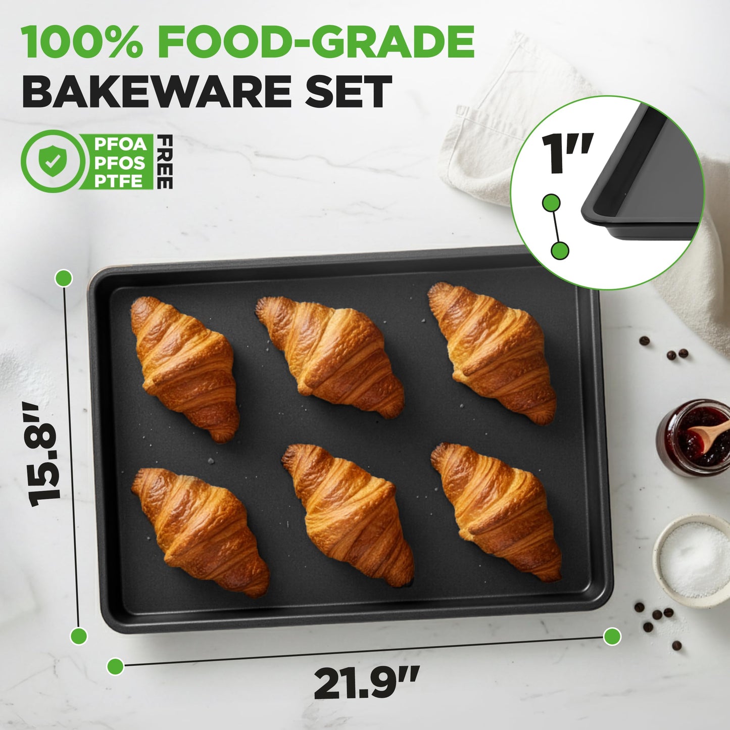 NutriChef 2-Piece XL Mega Cookie Sheet Baking Pans Set - 22" x 16" Extra Large Nonstick Carbon Steel Oven Baking Tray Pans, Stackable Bakeware, Black - NCLGBP16