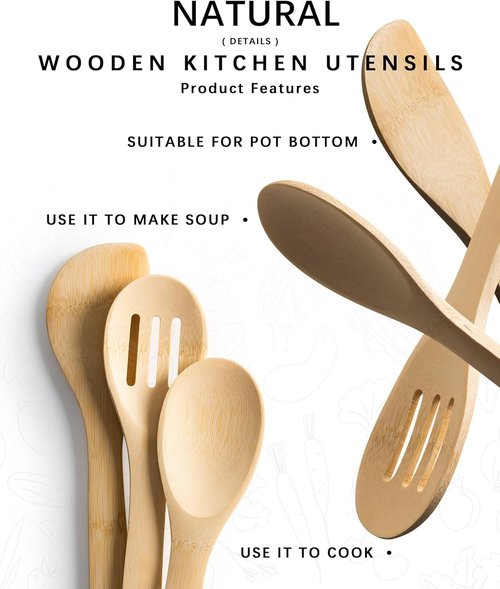 Bamboo Kitchen Utensil Set - 3PCS Wooden Cooking Spoons & Spatula for Non-Stick Pans