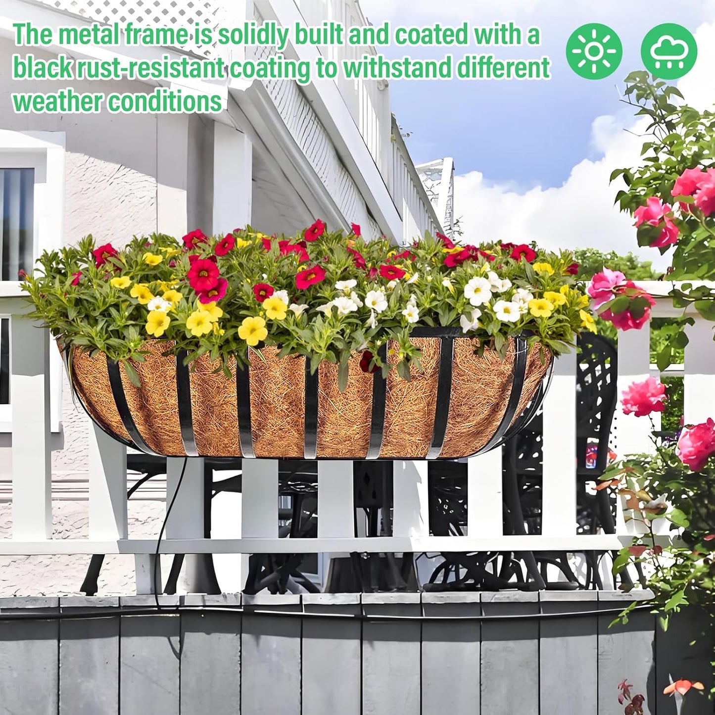 Legigo 16-Inch Window Box Planters - Durable Metal Railing Planters with Coconut Liners | 2-Pack for Outdoor Use
