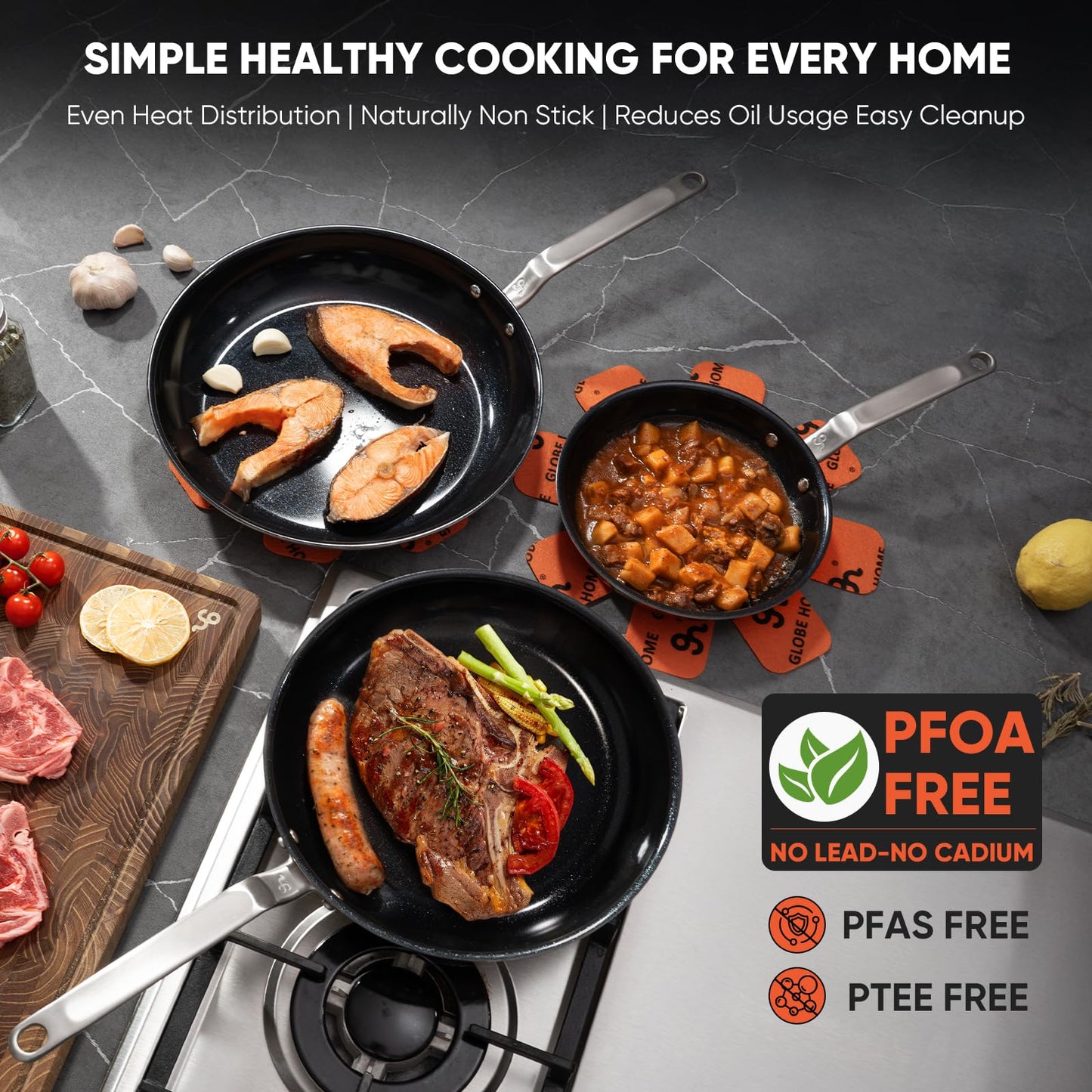 GLOBEHOME 5 Ply Ceramic Non Stick Frying Pans - 10 Inch Stainless Clad Nonstick Skillet, Non Toxic, PTFE & PFOA FREE, Professional Cookware for Induction, All Stoves and Oven up to 650°F