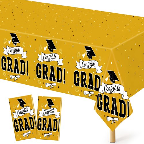 2 PCS 2026 Graduation Table Decorations, 108" X 54" Yellow Plastic Graduation Table cloths, Disposable Tablecover for Class 2026 Congrats Grad, Rectangle TableCloths for Grad Decor Party Supplies