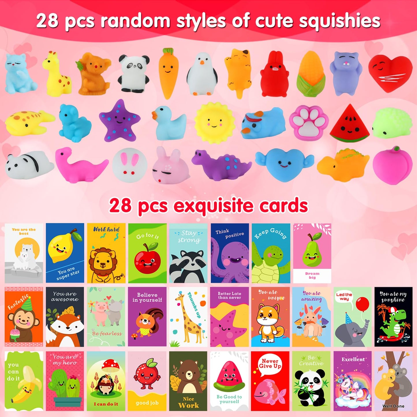 Squishy Toys, 28 Pack Kawaii Squishies and Cards, Gifts for Goodie Bag Stuffers, Party Favors for Kids 4-8 8-12, Treasure Box Classroom Prizes Mochi Squishy Cat Fidget Toys