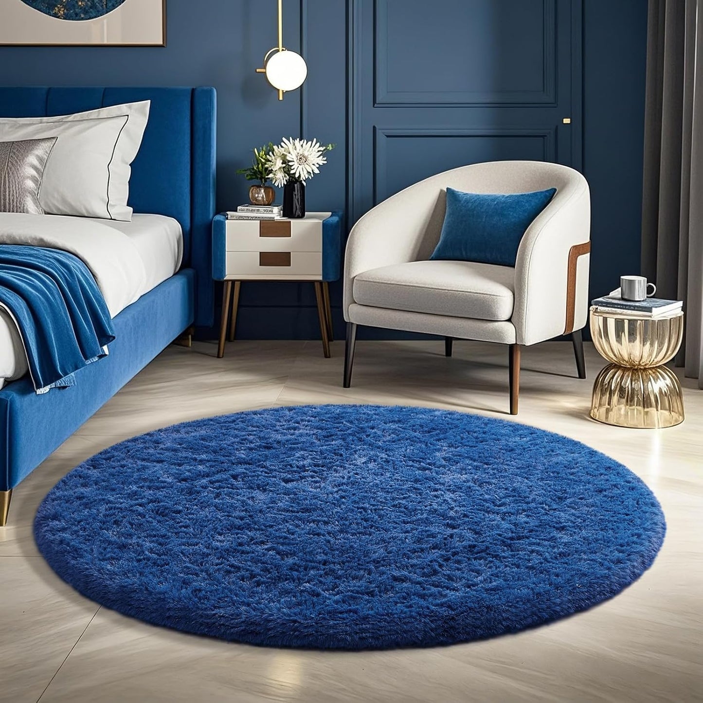 Ophanie Blue Round Rug - 4Ft Fluffy Plush Area Rug for Kids' Room | Soft Shaggy Carpet Decor