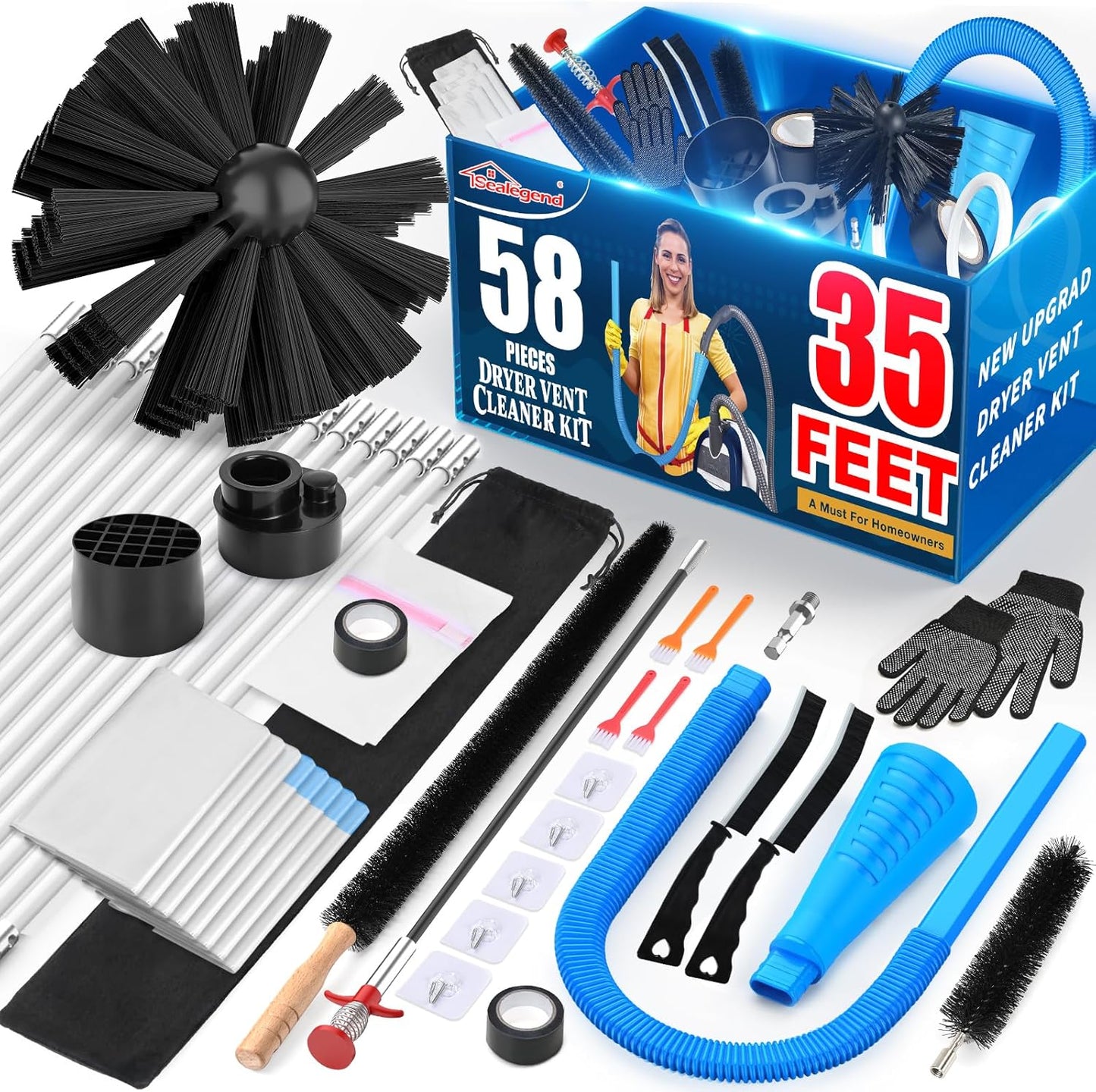 Sealegend 58-Piece Dryer Vent Cleaner Kit - 35-Foot Lint Removal Tools with Omnidirectional Vacuum Attachment & Brush