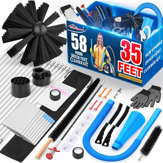 Sealegend 58-Piece Dryer Vent Cleaner Kit - 35-Foot Lint Removal Tools with Omnidirectional Vacuum Attachment & Brush