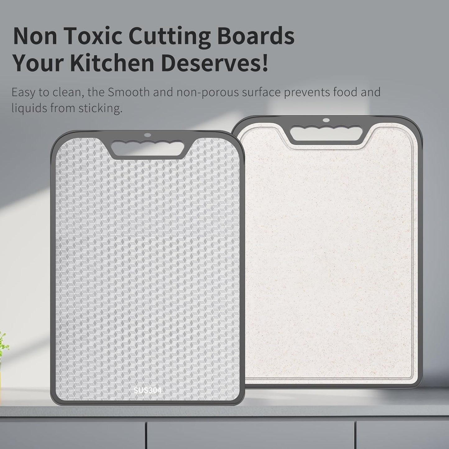 SUS304 Stainless Steel & Wheat Straw Cutting Board - 2-in-1 Double Sided, Non-Slip | 16"x11" Dishwasher Safe