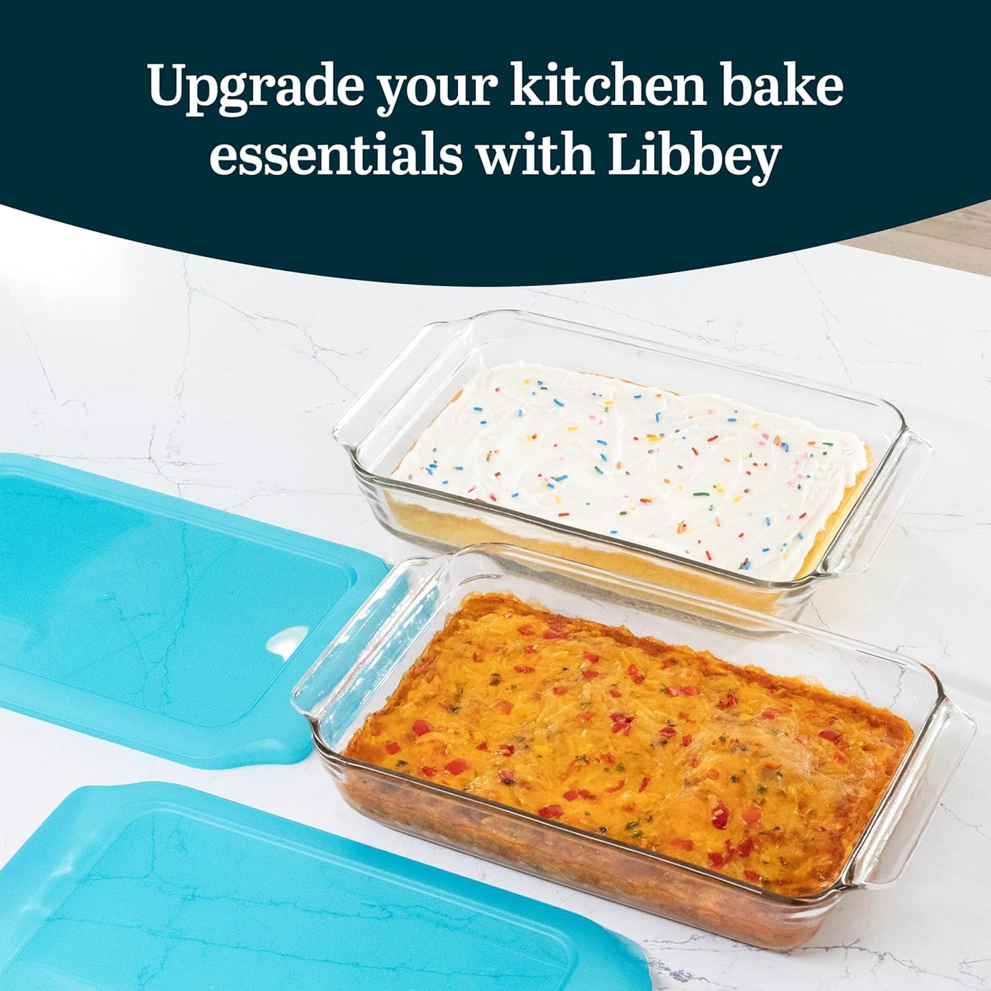 Libbey Baker’s Premium Glass Baking Dish Set - 2 Stackable Casserole Dishes with Lids for Lasagna & Cakes