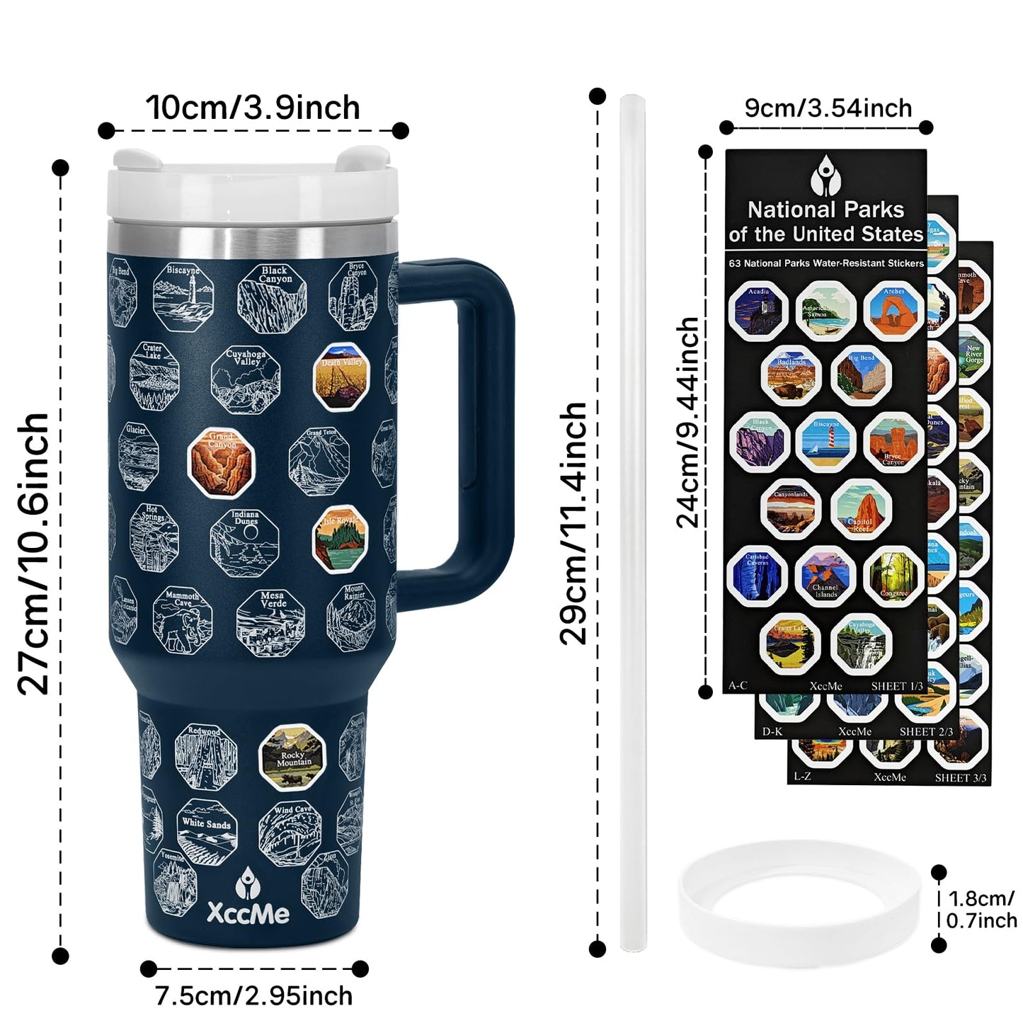 XccMe 63 National Parks Water Bottle with Stickers,40 oz Tumbler with Handle and Straw,2 Lids,40 oz Double Wall Insulated Tumbler,Stainless Steel Leak Proof Tumbler,Travel Coffee Mug (Blue)