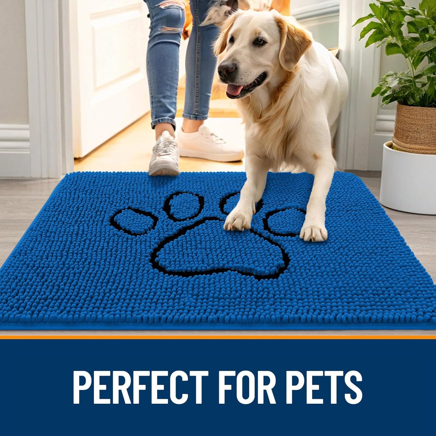 OLANLY Dog Door Mat - Absorbent Muddy Paws Doormat | Non-Slip Chenille, 36x24, Deep Navy Blue