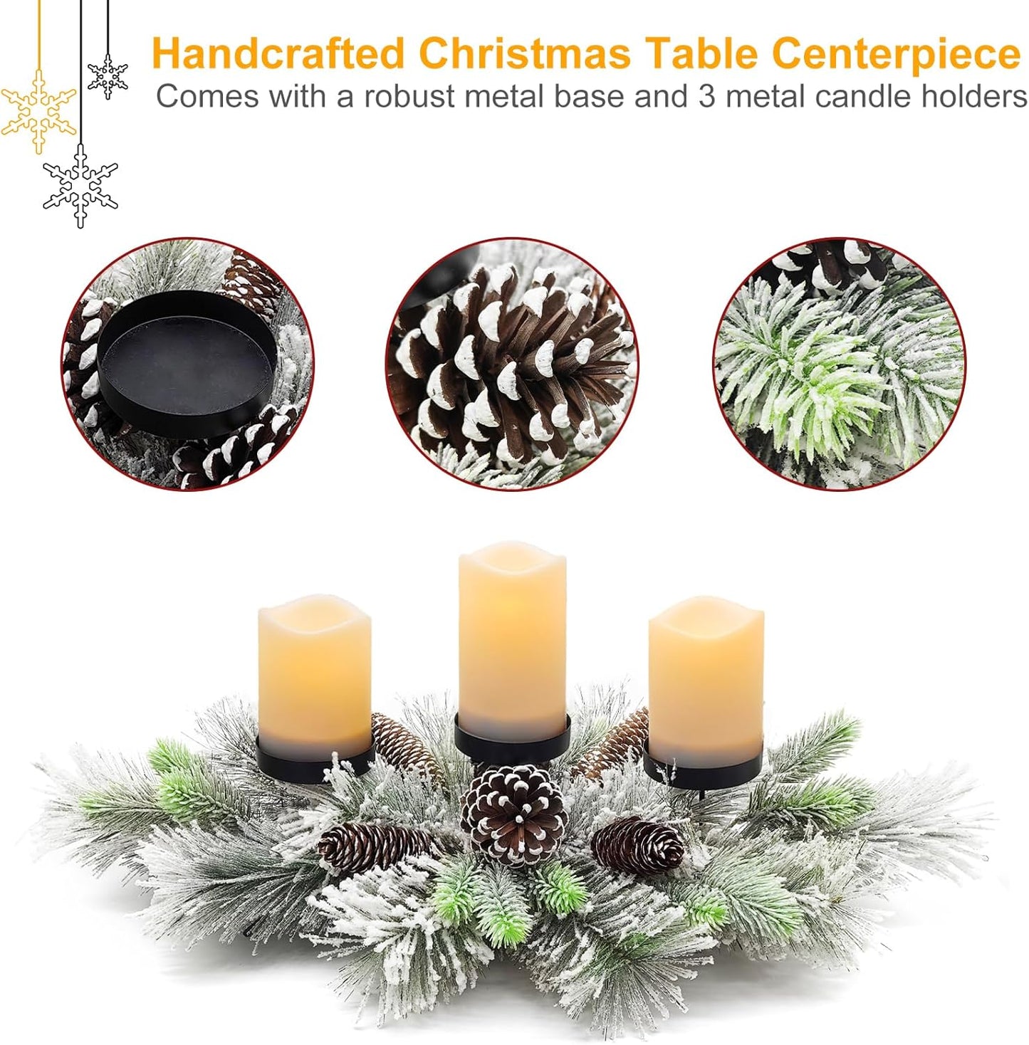 Skiennix Christmas Table Centerpiece - 27.5 Inch Flocked Pine Needles & Frosted Pine Cones | Snowy Decor