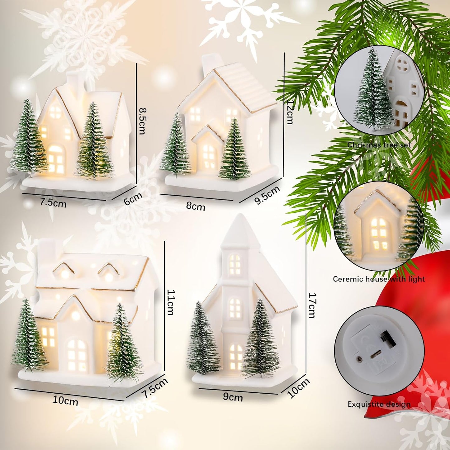 Skiennix Ceramic Christmas Village Set - LED Porcelain Houses with Xmas Trees | 4-Piece Tabletop Decor