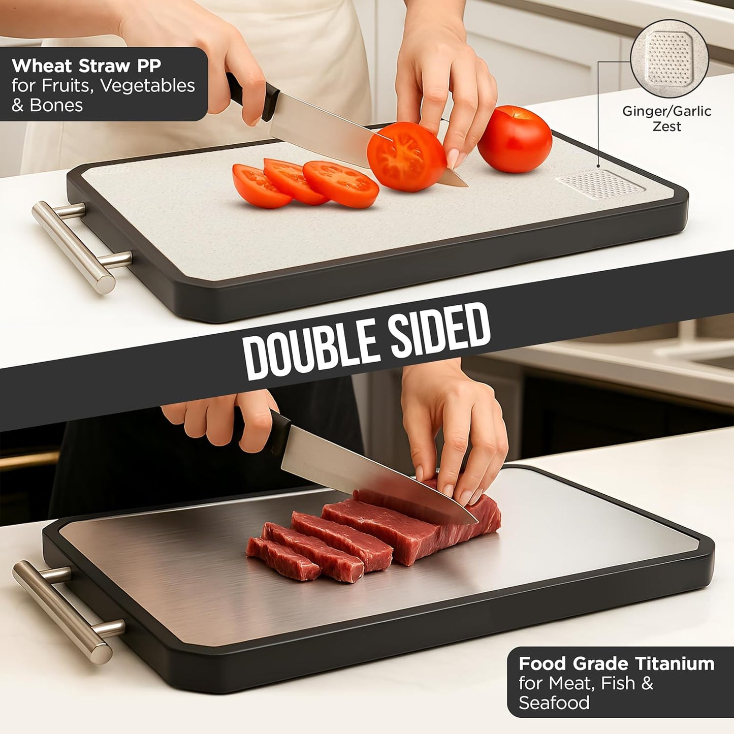 Titanium Cutting Board - Double-Sided Metal Design with Scraper | 16” x 11” Large Kitchen Prep Surface