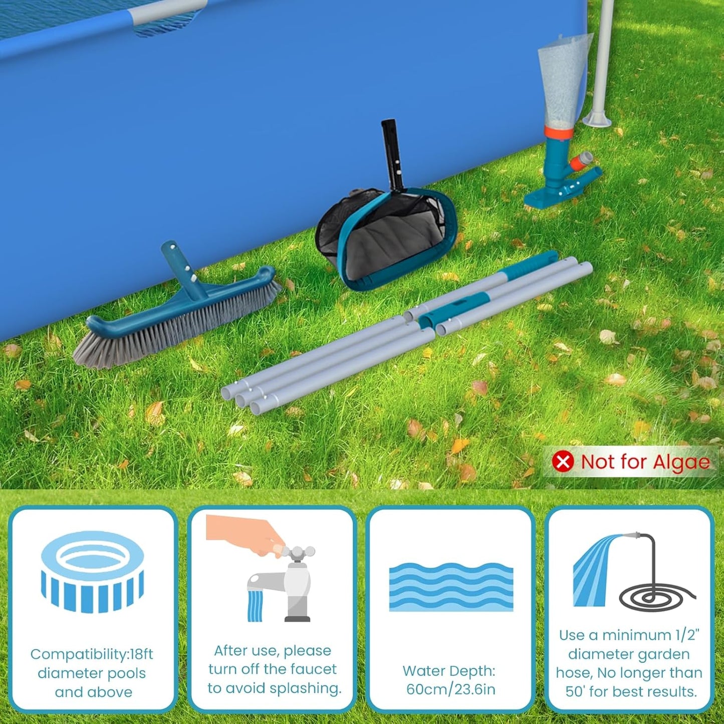 Skiennix Above Ground Pool Cleaning Kit - Vacuum, Leaf Rake, Wall Brush & 8Ft Pole for Easy Debris Removal