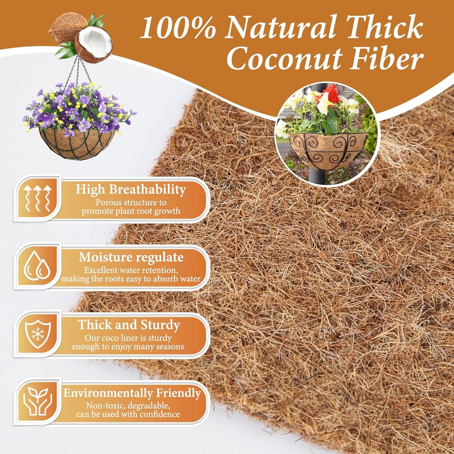 Legigo 16-Inch Coco Fiber Hanging Basket Liners - 100% Natural Replacement for Flowers & Vegetables