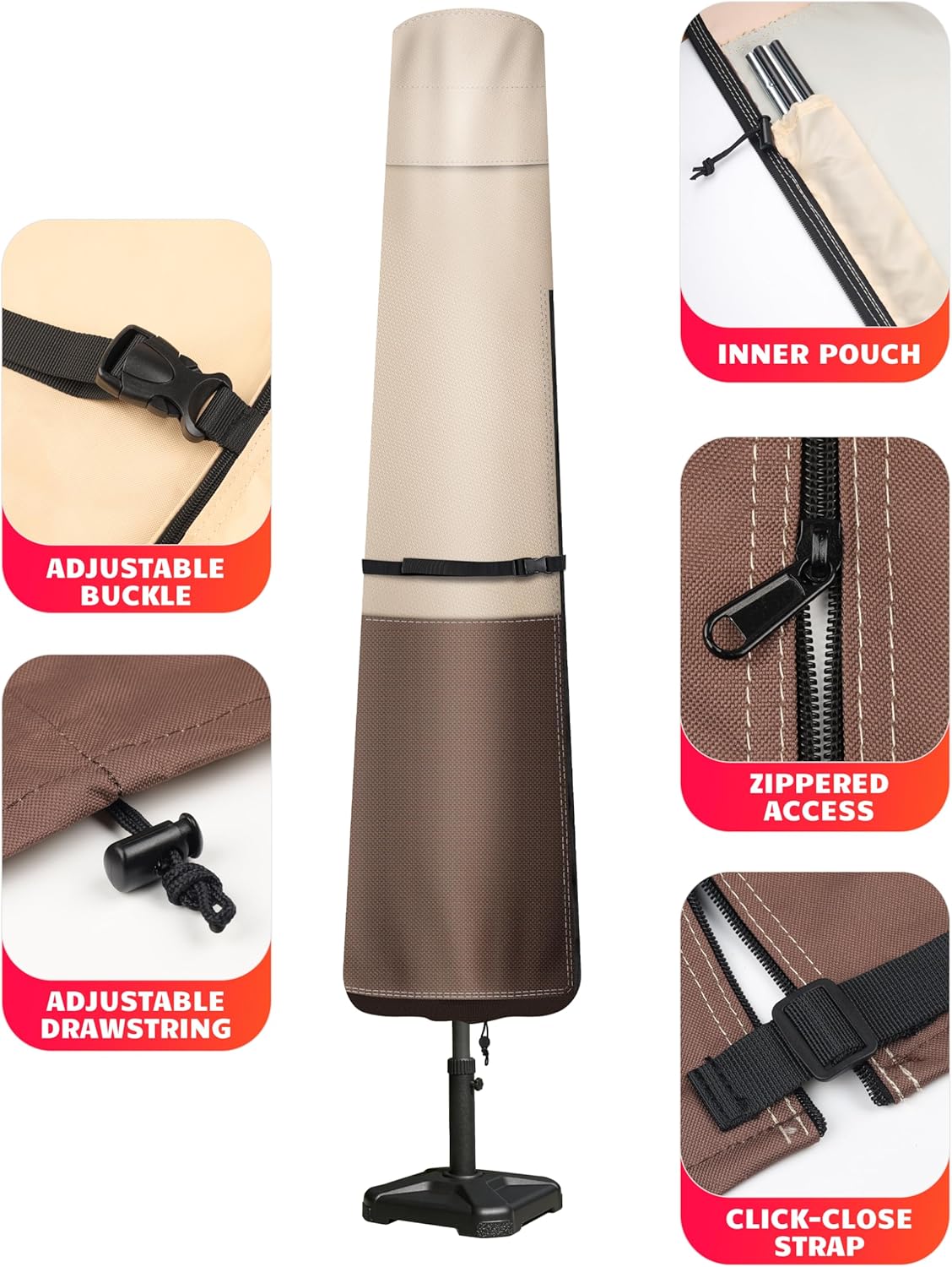Vailge Patio Umbrella Cover - Waterproof & Windproof for 8-11 Ft Market Umbrellas | Includes Support Pole & Storage Bag