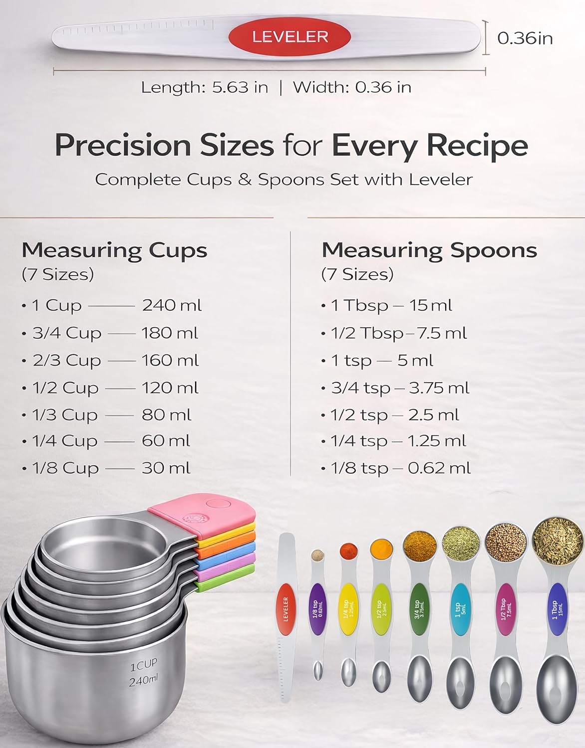 Skiennix Magnetic Measuring Cups and Spoons Set - 304 Stainless Steel, Dual Scale, 15-Piece, Dishwasher Safe | Colorful Design