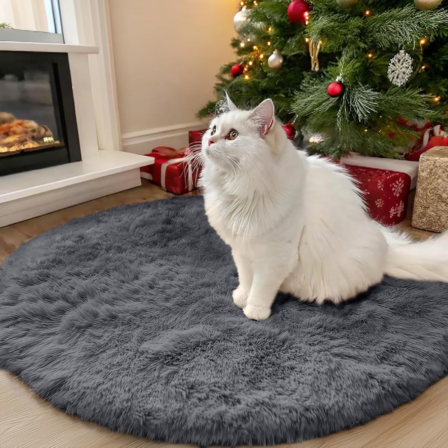 OLANLY Grey Round Area Rug - Soft & Fluffy Machine Washable 3 ft Circle Carpet for Bedroom & Living Room Decor