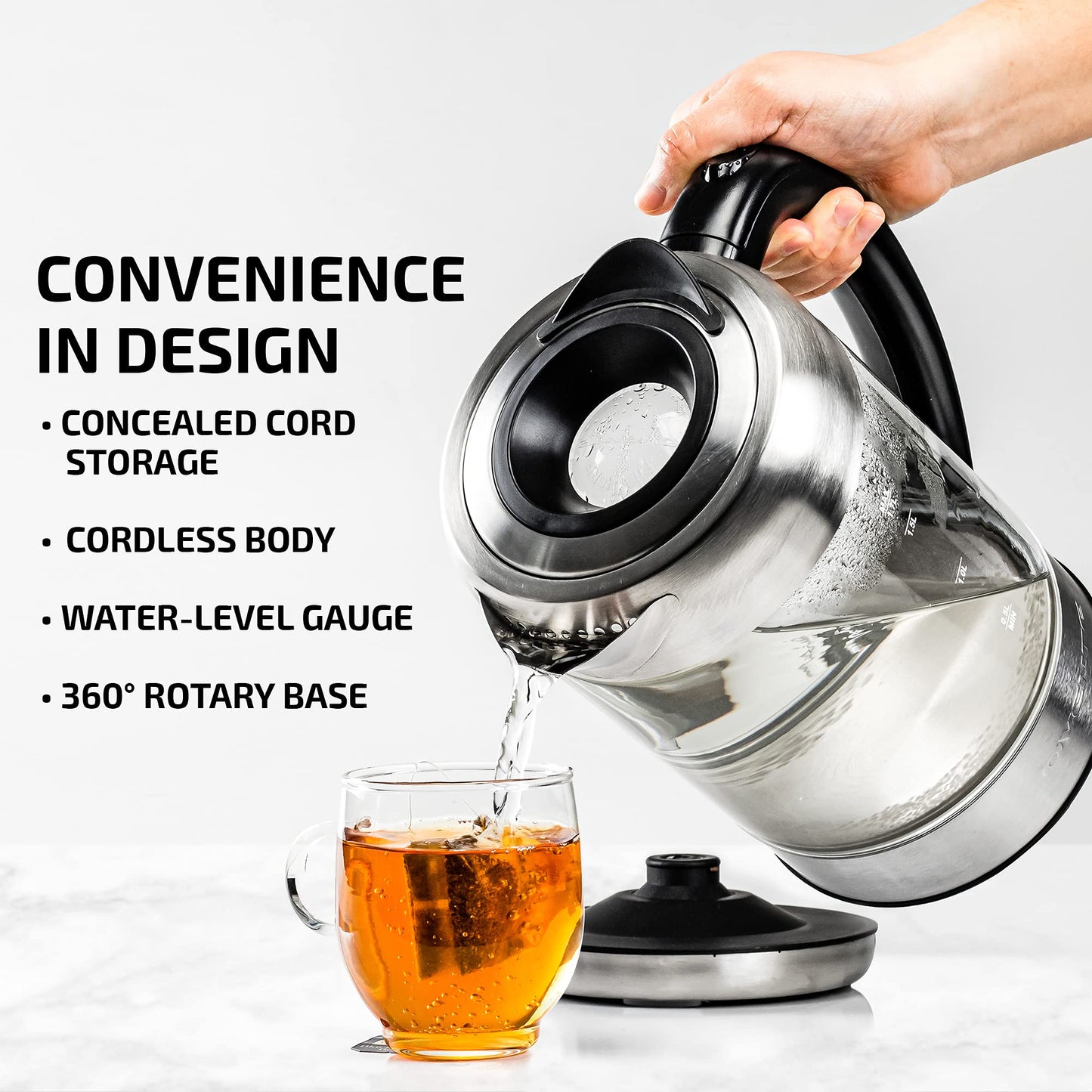 OVENTE Electric Kettle with 1.7L Borosilicate Glass, 1500W Instant Water Boiler and Heater for Coffee or Tea, BPA Free, Easy to Fill Lid, Auto Shut-Off and Boil Dry Protection, Silver KG612S