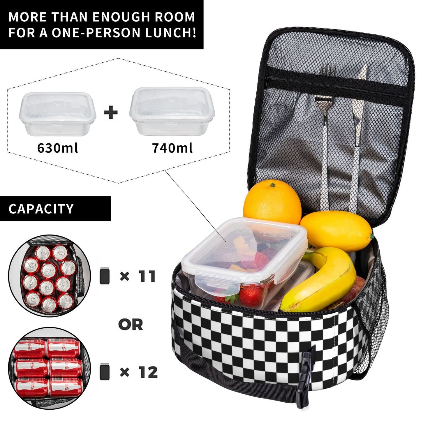 NKHFNBIO Black White Checkerboard Insulated Lunch Box Bag Portable Lunch Tote For Women Men And Kids
