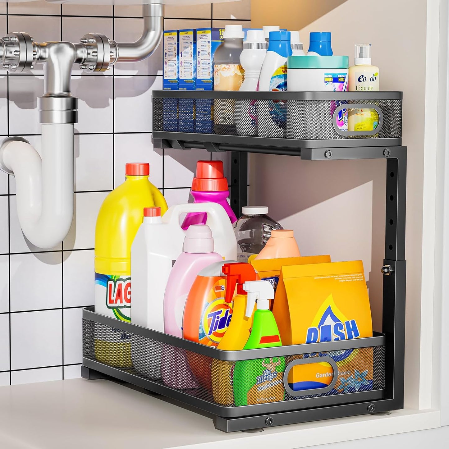 Under Sink Organizer - Adjustable 2-Tier Metal Storage with Pull-Out Drawers | Black