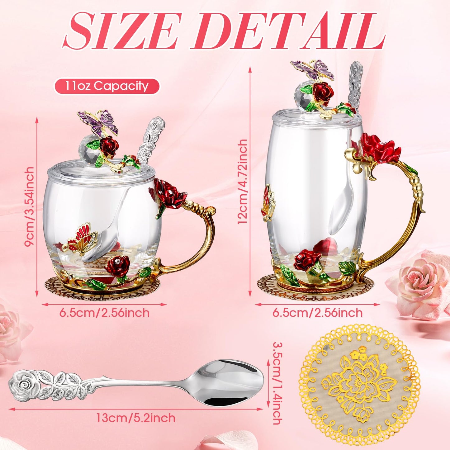 Nuanchu 4 Sets Flower Glass Tea Cups with Lids and Spoon Butterfly Vintage Glass Coffee Mugs Floral Fancy Clear Teacup for Mother Day Women Mom Wife Girlfriend(Red,11 Oz,12 oz)