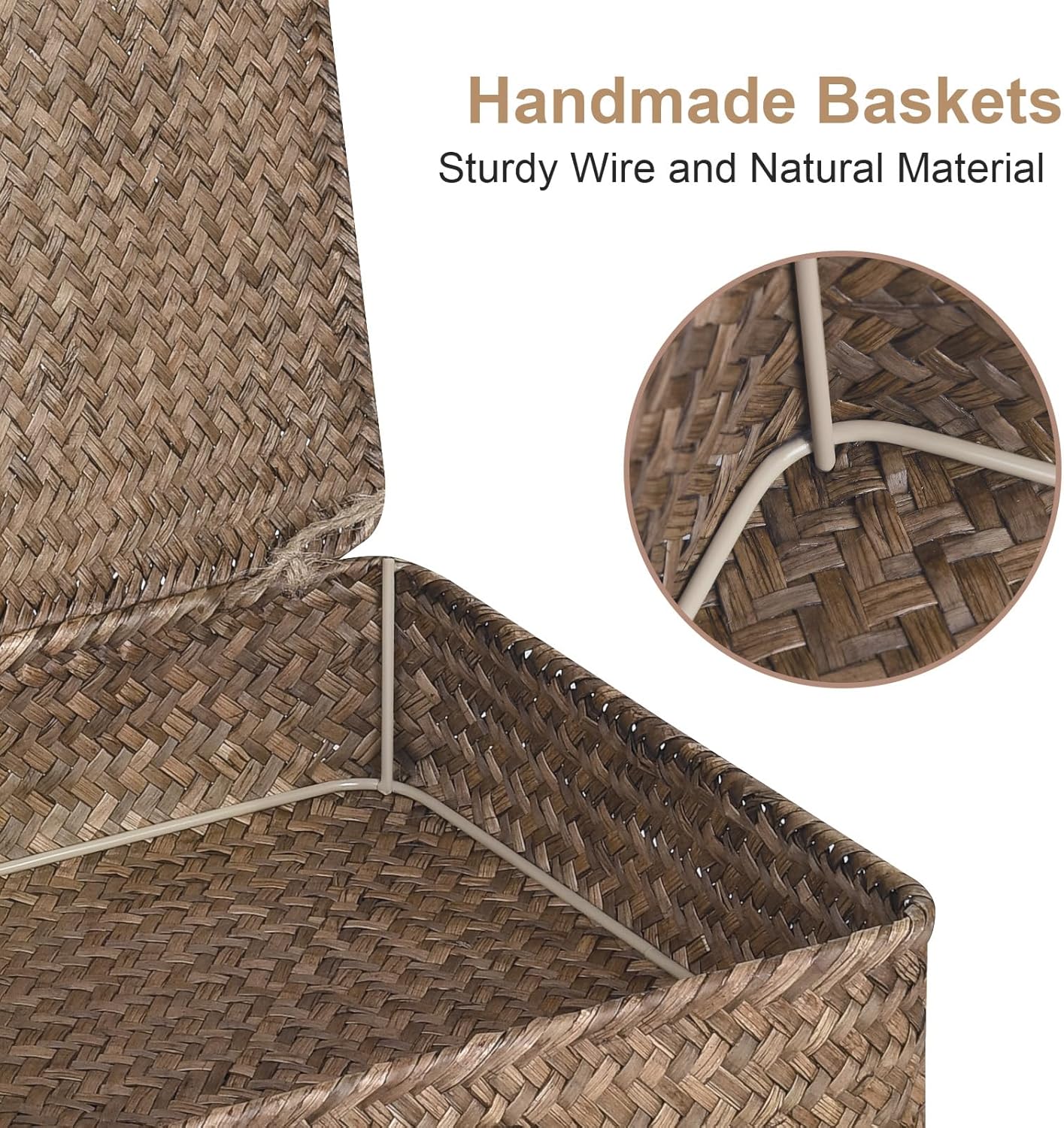 Skiennix Set of 2 Flat Seagrass Storage Bins - Woven Baskets with Lids for Home & Office Organization | Coffee Color
