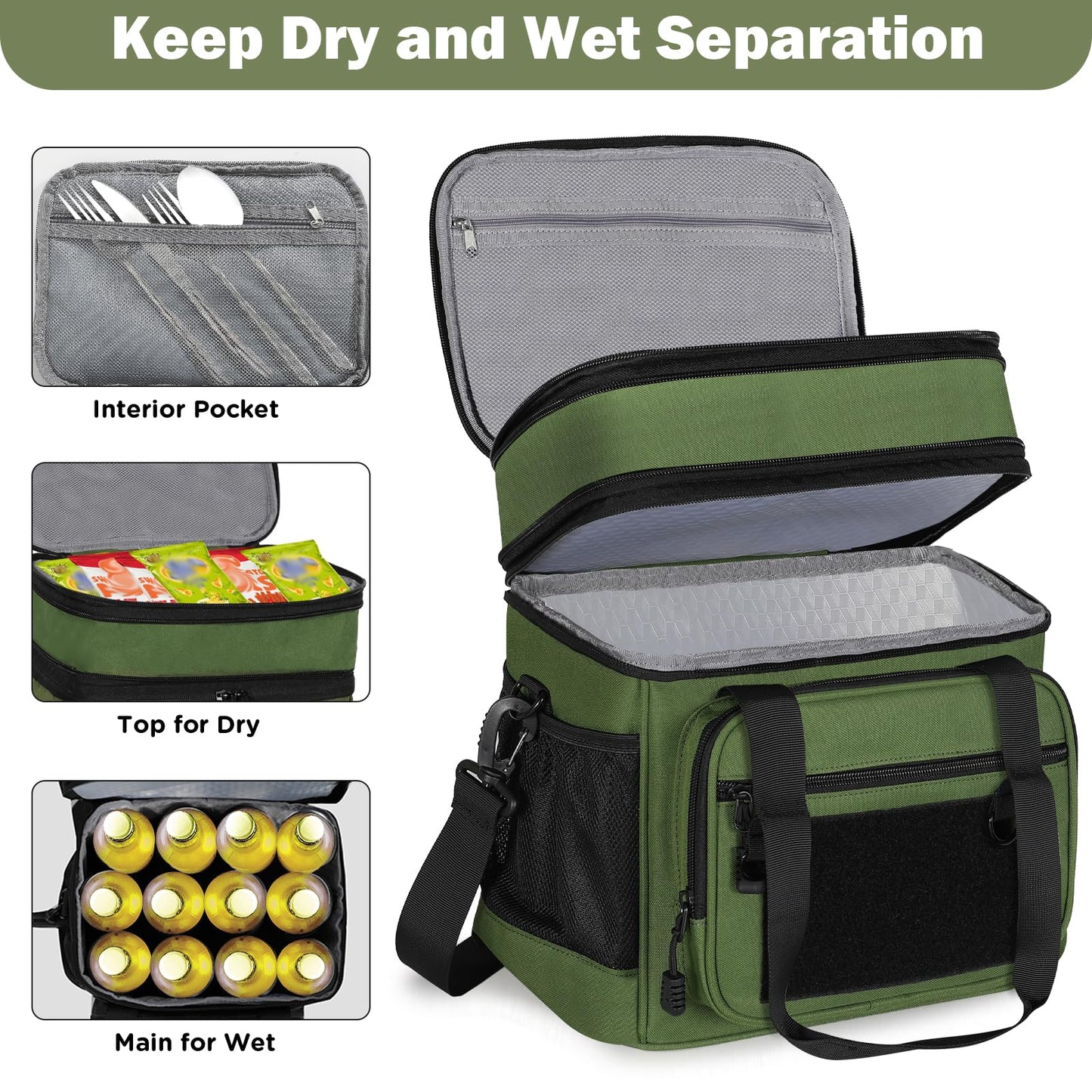 GLENKEY Tactical Lunch Box Cooler Bag - Expandable Insulated Lunch Bag for Men Women - XLarge Lunchbox for Adults Work Shifts Outdoor Trips Army Green 22L