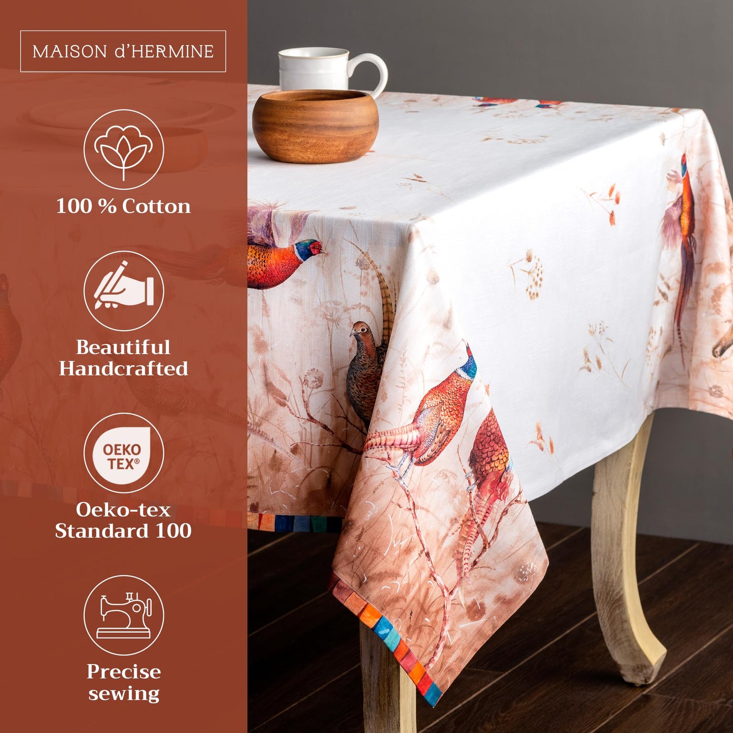Maison d' Hermine Table Cloth Rectangle Table 100% Cotton 60 x 90 Inches Fall Tablecloth Reusable Everyday Use for Thanksgiving Christmas Decorations Dining Farmhouse Party (Faisan D'Automne)