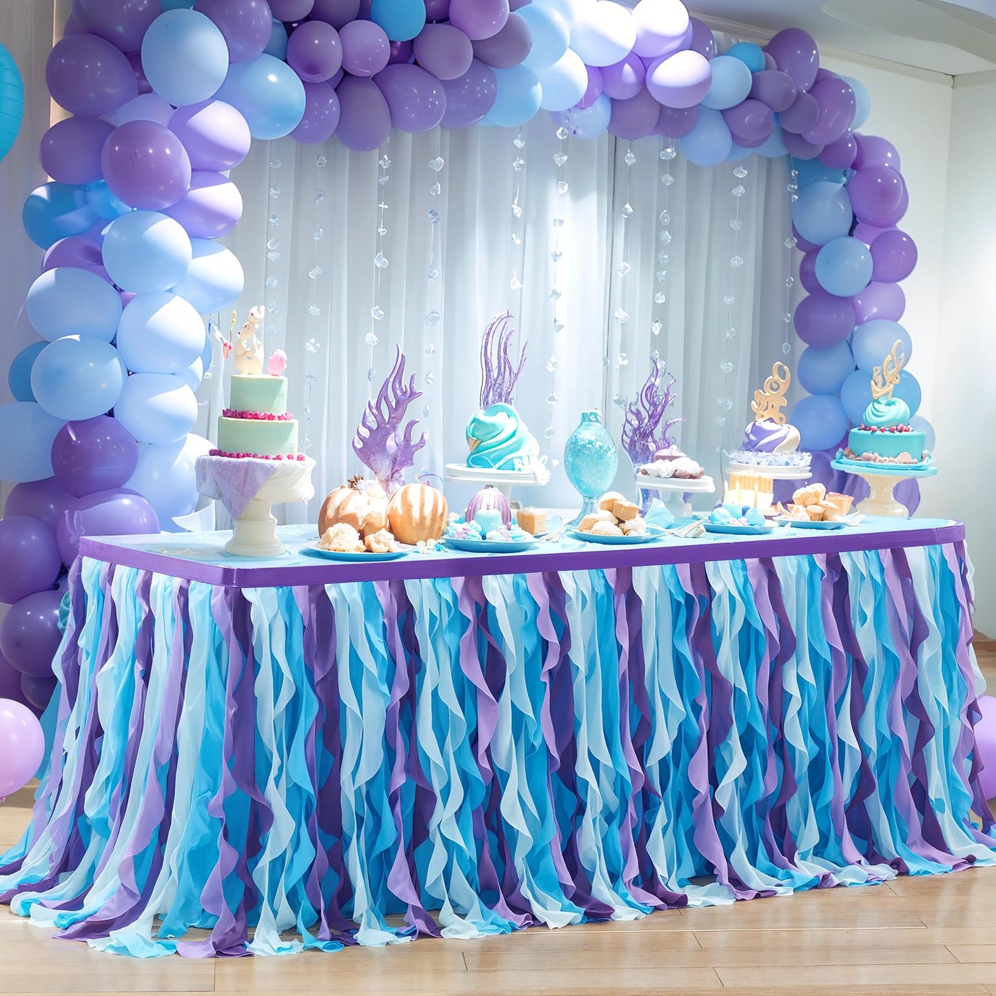 Partisky Mermaid Tulle Tutu Ruffle Curly Willow Table Skirt for Rectangle Table 14ft, Mermaid Themed Party Table Cloth for Girls Birthday Party or Baby Shower