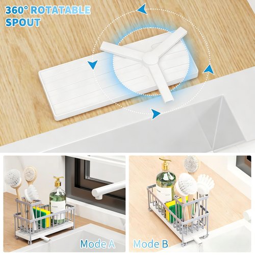 Cisily Sponge Holder for Kitchen Sink, Sink Caddy Organizer with High Brush Holder, Kitchen Countertop Organizers and Storage Essentials, Rustproof 304 Stainless Steel (Gray, 9.25″)