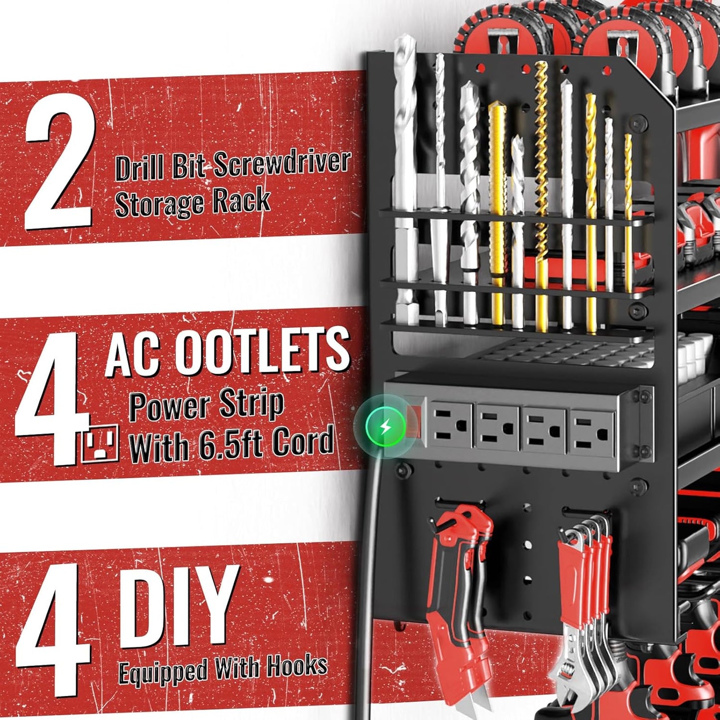 Large Power Tool Organizer by [Brand Name] - Heavy Duty Wall Mount with Charging Station & 8 Drill Holders | Black