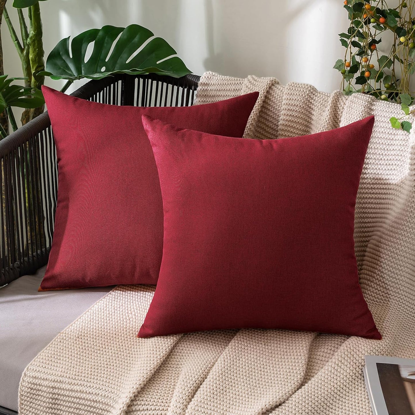 MIULEE Decorative Outdoor Throw Pillow Covers - Waterproof Faux Linen Cushion Cases | 16x16 Inch, Wine Red (Pack of 2)