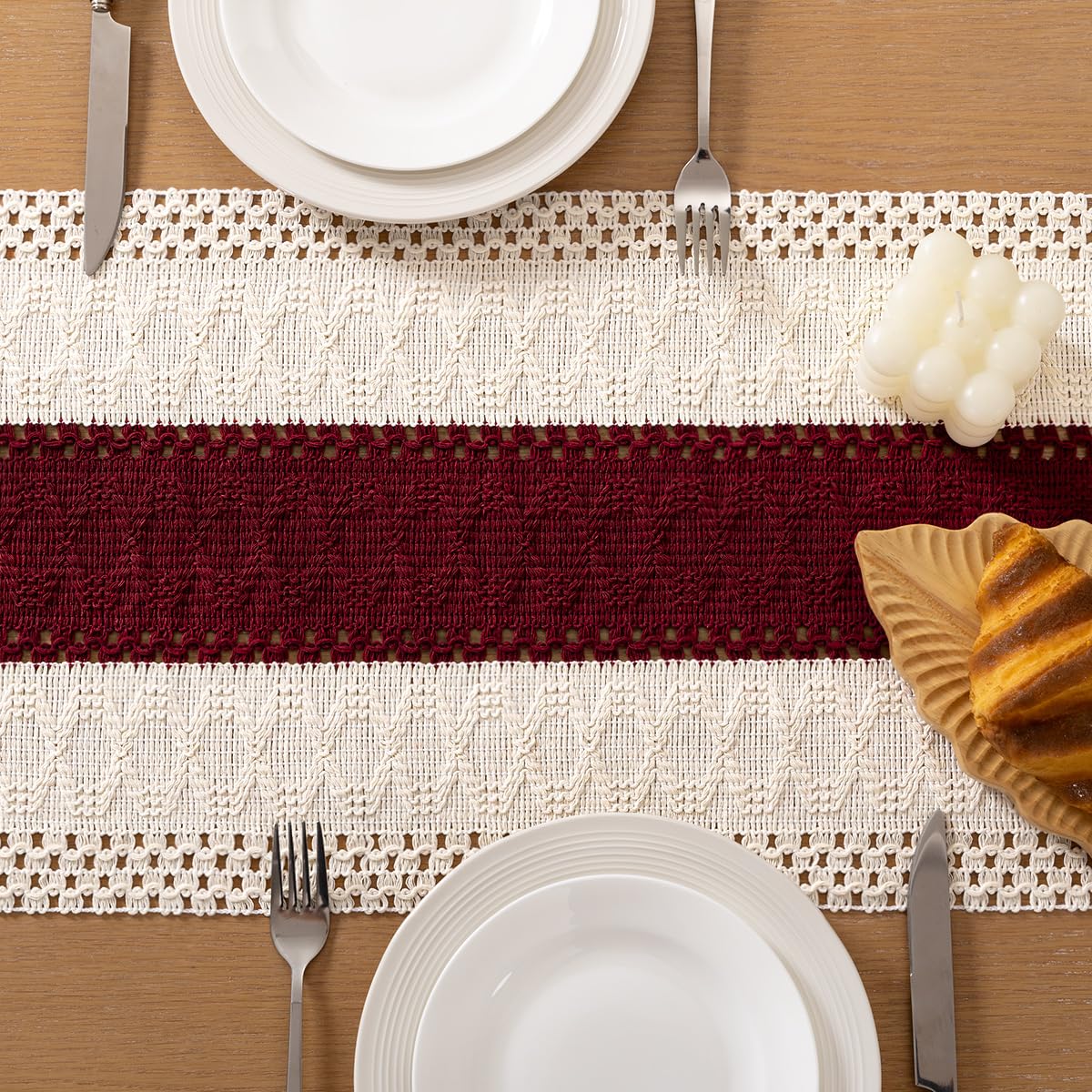 Socomi Boho Table Runner Easter Spring Farmhouse Rustic Dining Kitchen Centerpiece Decor Small Macrame Woven Cotton Linen Coffee Table Runner for Dresser Scarf Home Decor 12x48 in Burgundy Ivory
