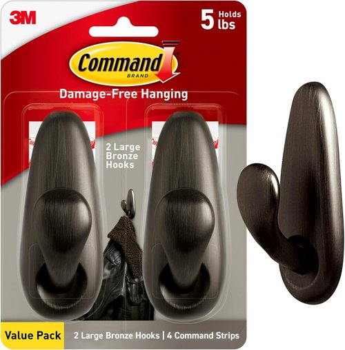 Command 5 lb Large Metal Coat Hooks - Oil Rubbed Bronze, Damage-Free Adhesive Strips for Home Decor