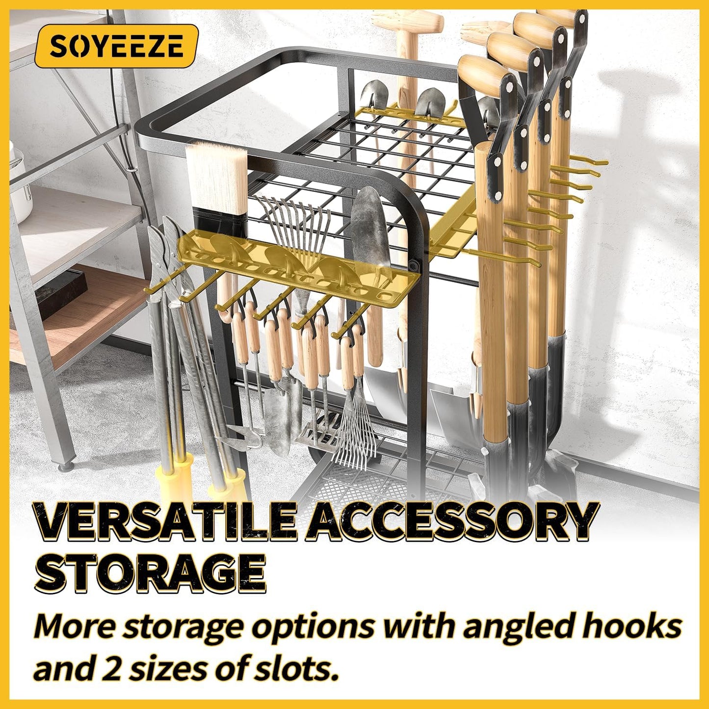 SOYEEZE Garden Tool Organizer - Heavy Duty 3-Tier Rack with Large Wheels | Holds 35 Long-Handled Tools