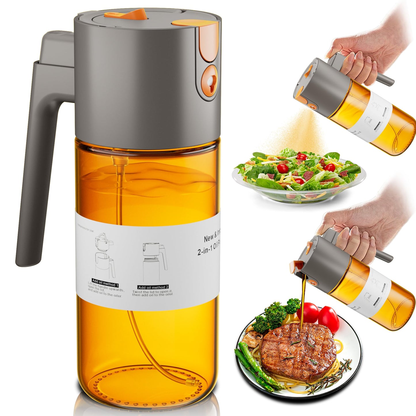 OURCABECUE Upgrade 2 in 1 Oil Sprayer for Cooking, 17oz Light-Blocking Glass Olive Oil Dispenser Bottle for Kitchen,Food-Grade Oil Mister with 8 Stickers for Salad, Frying (Grey)