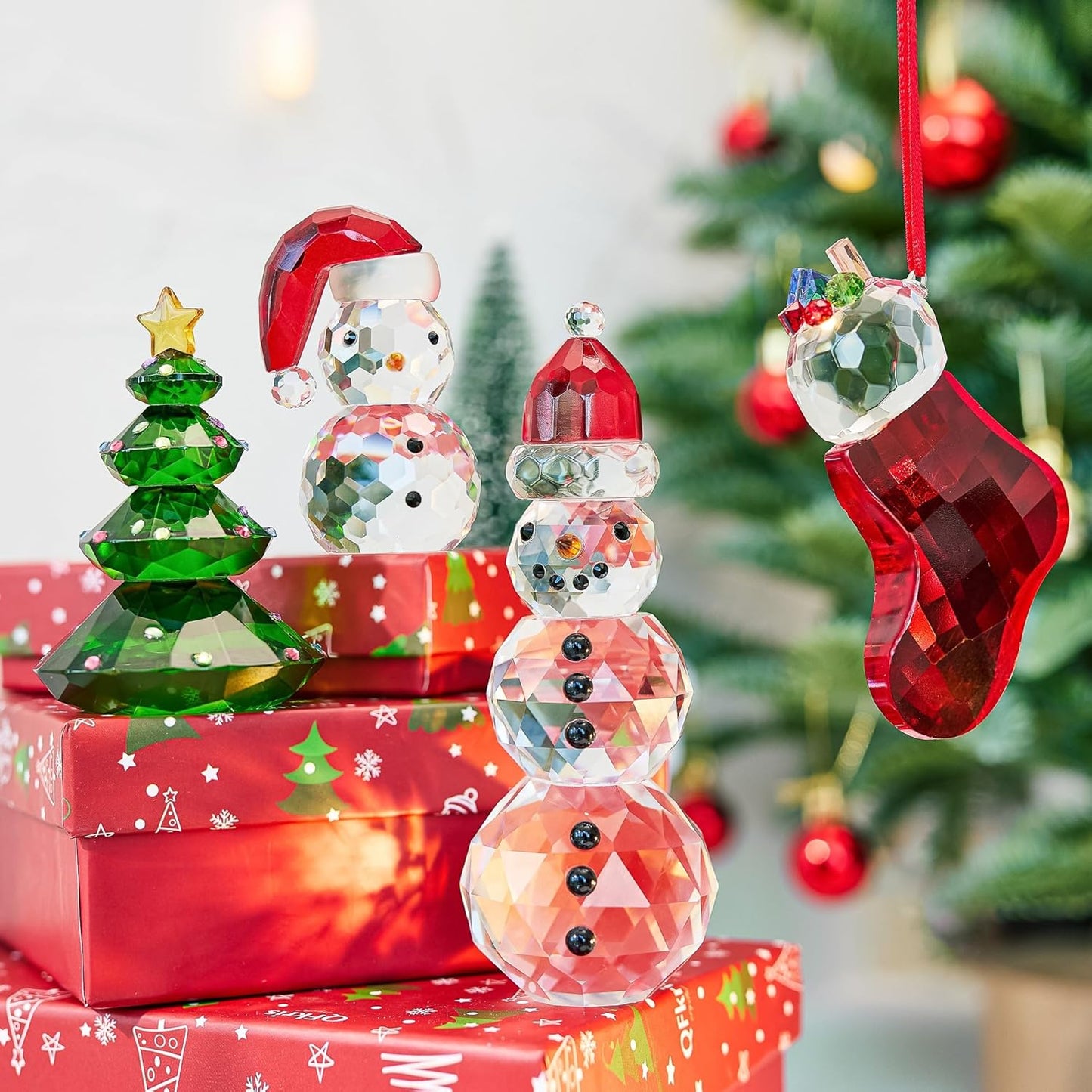 QFkris Crystal Snowman and Tree Figurines Set - Elegant Glass Christmas Decor | Small Tabletop Paperweights