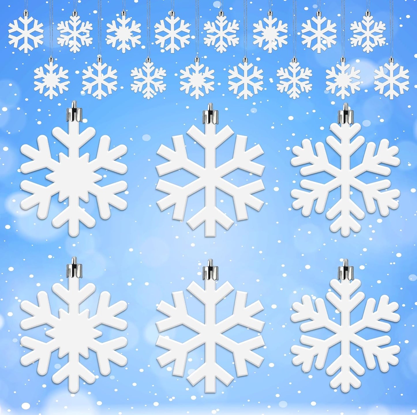 Skiennix 24 Pcs Snowflake Hanging Ornaments - White Plastic Decorations for Christmas Trees & Winter Decor
