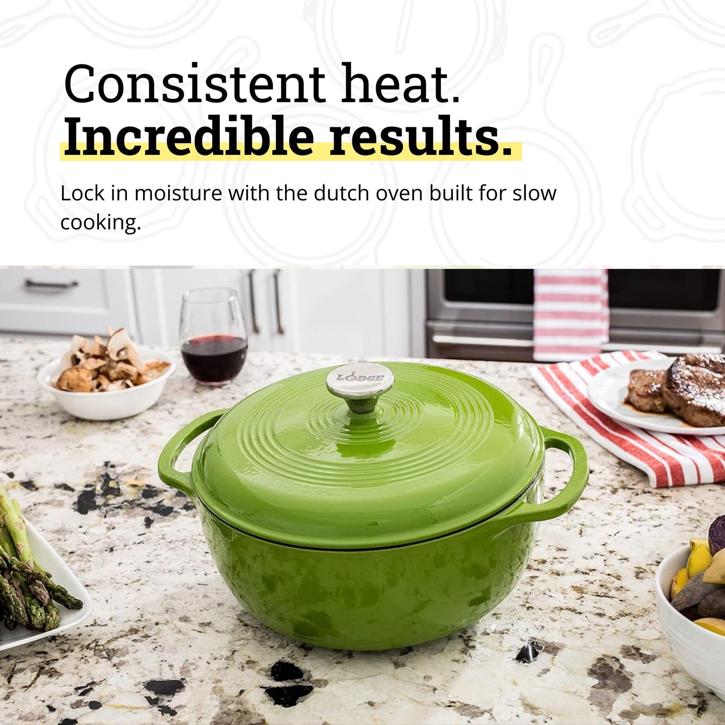 Lodge Essential Enamel Cast Iron Dutch Oven 6 Quarts - Perfect for Bread Baking, Braising, Marinating & Slow Cooking, Features Moisture-Sealing Lid & Dual Handles, Kitchen Essentials, Avocado