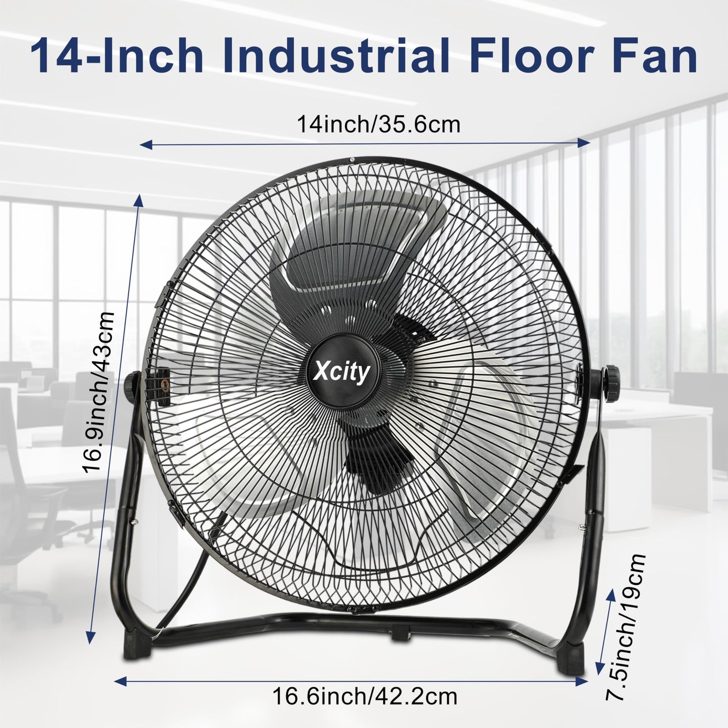 Xcity 14 Inch Metal Industrial Floor Fans, Max 2100 CFM, Heavy Duty High Velocity Fan with 3-speed and 360°Adjustable Tilt, for Warehouse, Workshop, Commercial, Factory, Garage