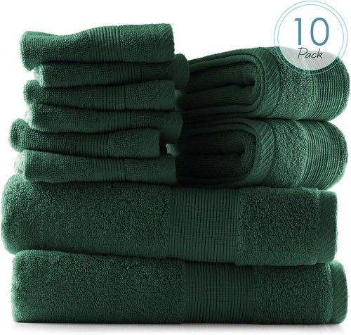 Hearth & Harbor Bath Towels - Ultra Soft 100% Ring Spun Cotton Set of 10 | Highly Absorbent - Hunter Green
