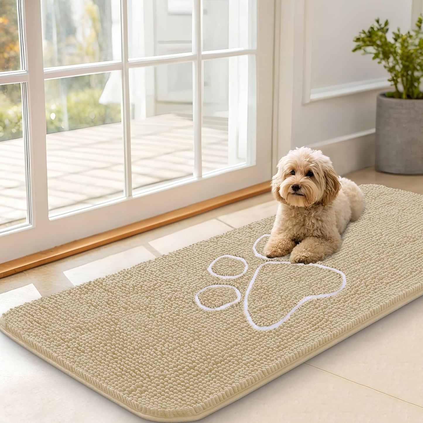 OLANLY Dog Door Mat - Absorbent Non-Slip Chenille for Muddy Paws | 47x20 Paw Print Design, Beige
