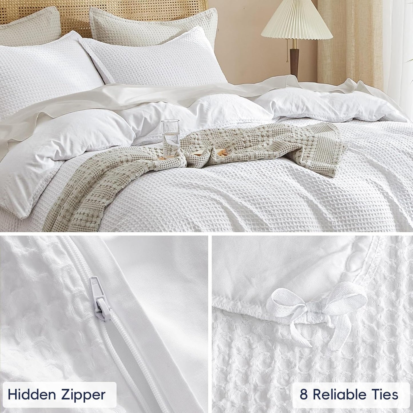 PHF Waffle Weave Duvet Cover Set - Ultra Soft Luxury Bedding for All Seasons | Queen Size, White, 3pcs