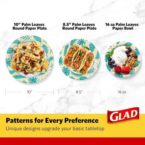 Glad Round Disposable Paper Plates - Soak Proof & Cut Resistant - Palm Leaves Pattern, 10 Inch, 50 Count